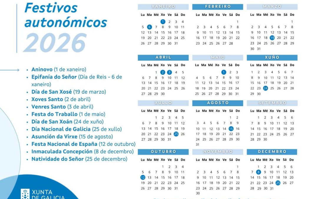 A Xunta publica o calendario laboral para 2026 e fixa como festivos propios o 19 de marzo, o 24 de xuño e o 25 de xullo